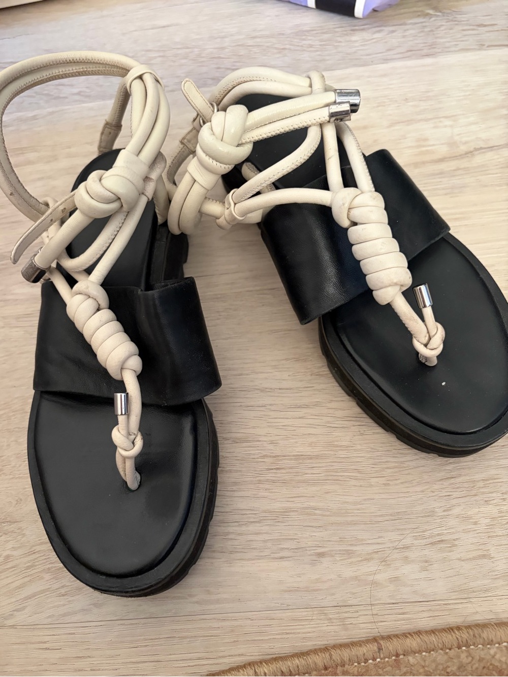 Phillip Lim Women’s Black Leather Sandals with Unique Cream Rope Detail